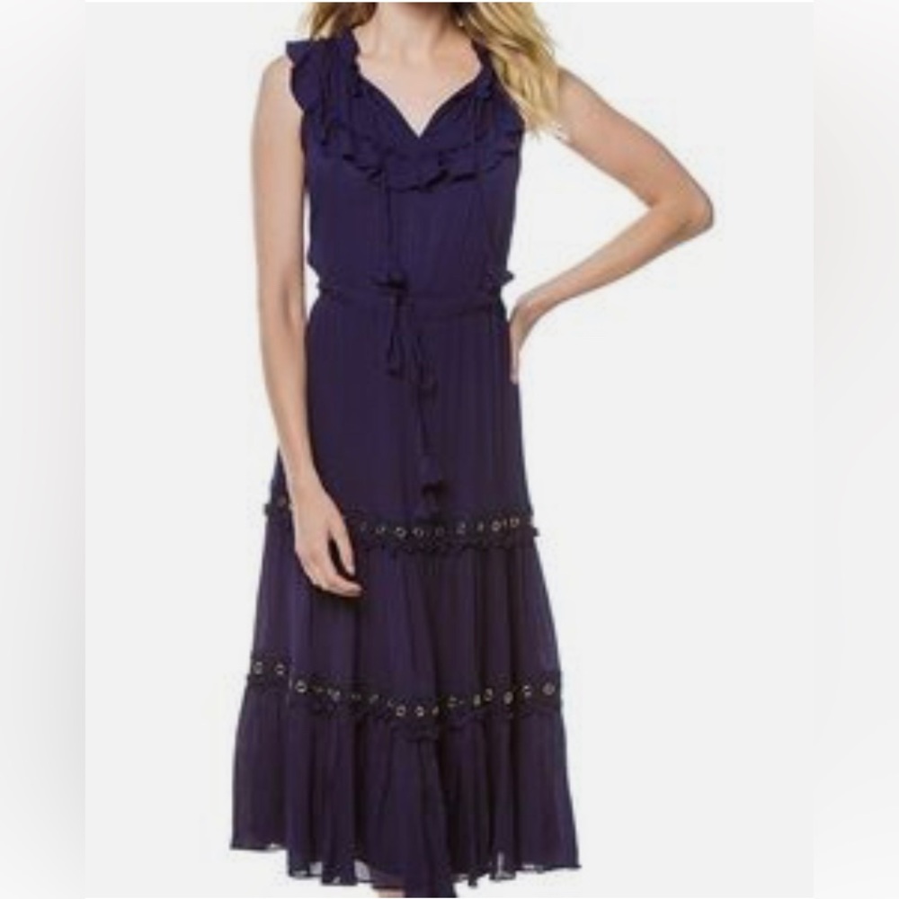 MISA Los Angeles Gabriella Midi Navy Blue Tiered Dress.